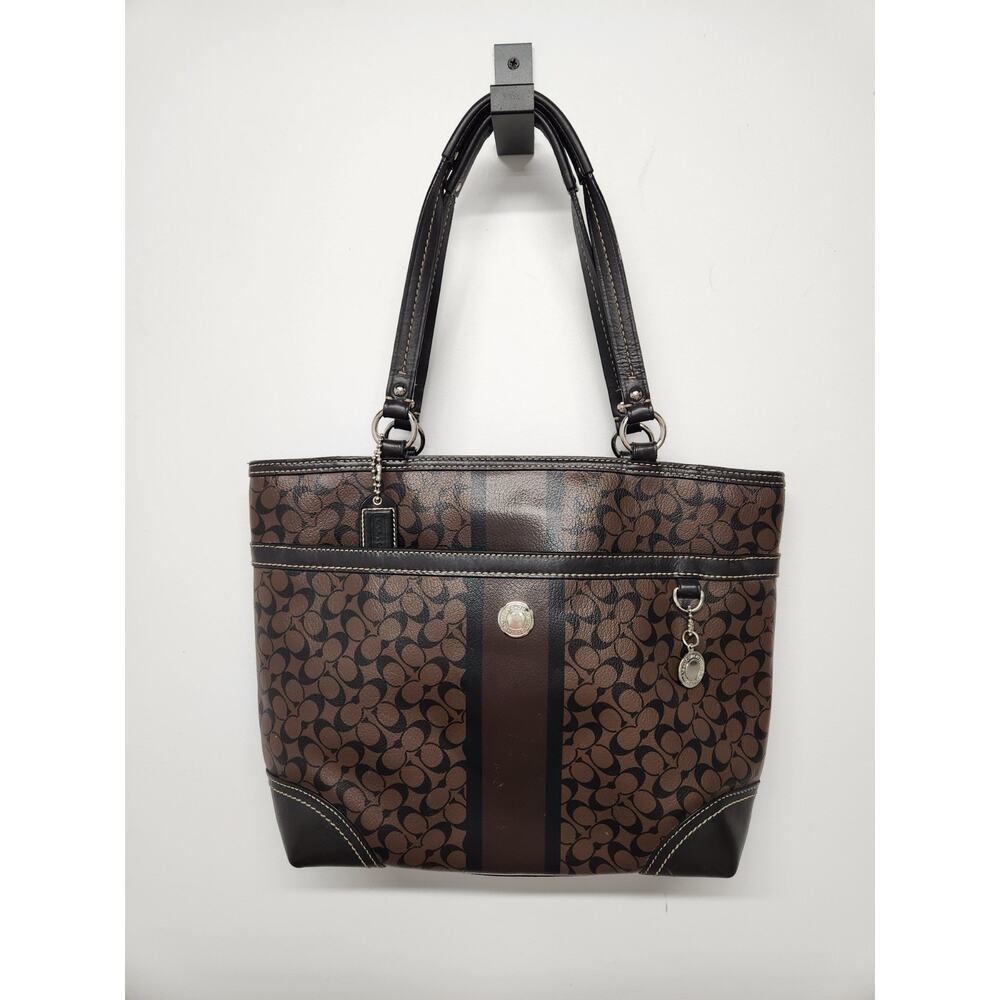 Coach Chelsea Heritage Stripe Tote Shoulder Bag W/Signature "C" In Brown F15137